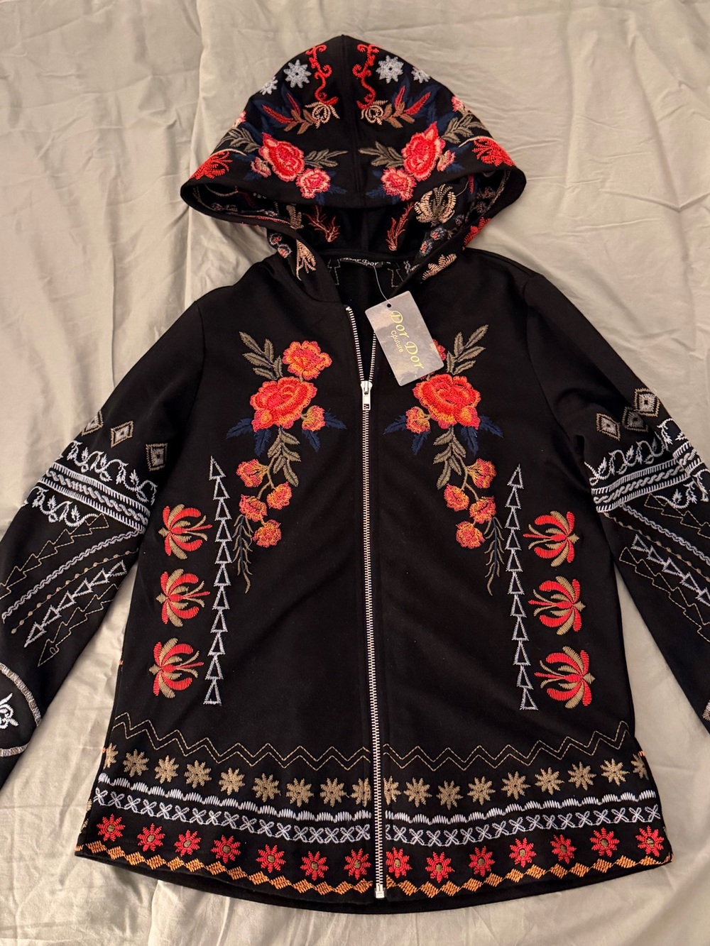 Dor Dor Couture Floral Embroidered Zip Up Hoodie Boho Black Medium